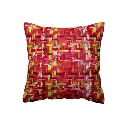 כרית נוי אדומה עם שילוב בירוק חרדל